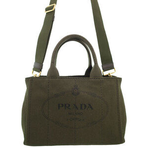 Prada Canapa Tote canvas handbag top handles 2way Khaki Green